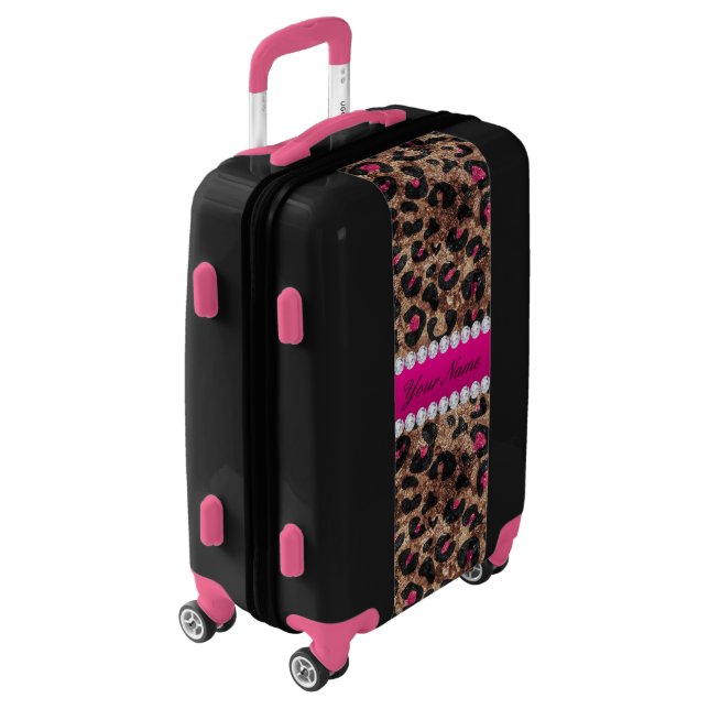 Faux Leopard Hot Pink Rose Gold Foil and Diamonds Luggage (Rotated Left)