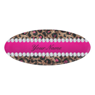 Faux Leopard Hot Pink Rose Gold Foil and Diamonds Name Tag
