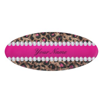 Faux Leopard Hot Pink Rose Gold Foil And Diamonds Name Tag by glamgoodies at Zazzle