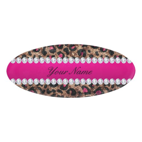 Faux Leopard Hot Pink Rose Gold Foil and Diamonds Name Tag