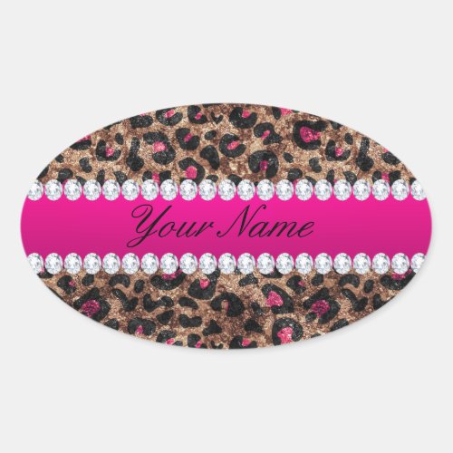 Faux Leopard Hot Pink Rose Gold Foil and Diamonds Oval Sticker