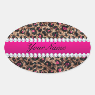 Faux Leopard Hot Pink Rose Gold Foil and Diamonds Oval Sticker