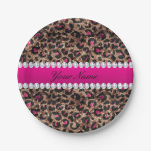 Faux Leopard Hot Pink Rose Gold Foil and Diamonds Paper Plates