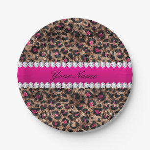 Faux Leopard Hot Pink Rose Gold Foil and Diamonds Paper Plates