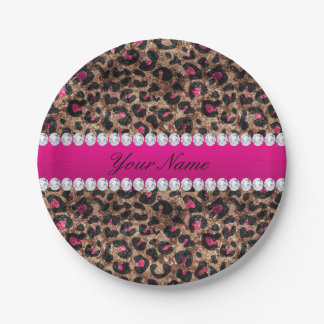 Faux Leopard Hot Pink Rose Gold Foil and Diamonds Paper Plates
