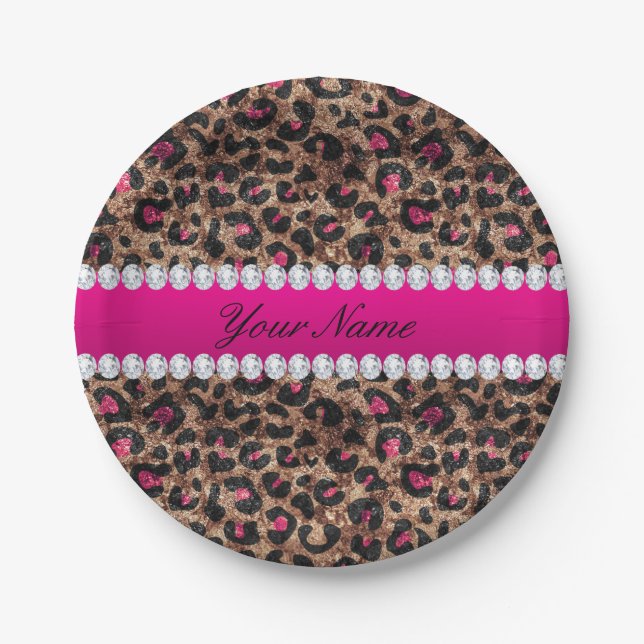Faux Leopard Hot Pink Rose Gold Foil and Diamonds Paper Plates (Front)