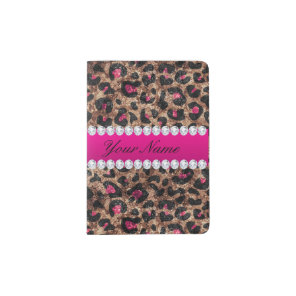 Faux Leopard Hot Pink Rose Gold Foil and Diamonds Passport Holder