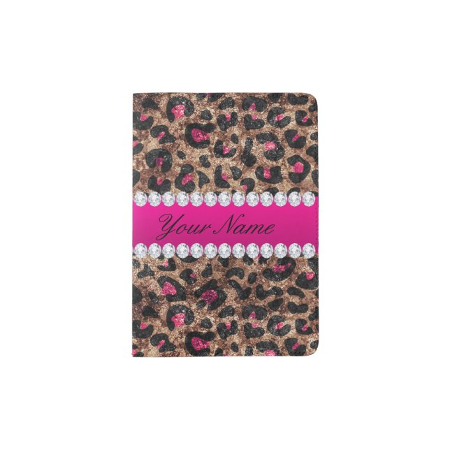 Faux Leopard Hot Pink Rose Gold Foil and Diamonds Passport Holder (Front)