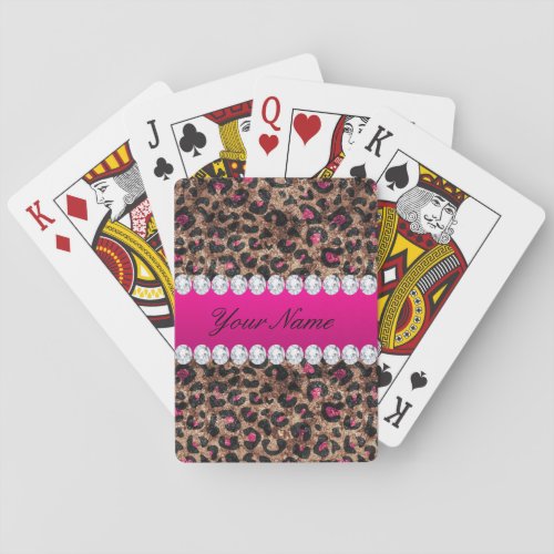 Faux Leopard Hot Pink Rose Gold Foil and Diamonds Poker Cards