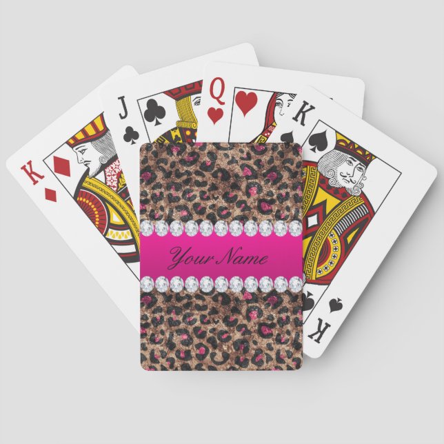 Faux Leopard Hot Pink Rose Gold Foil and Diamonds Poker Cards (Back)
