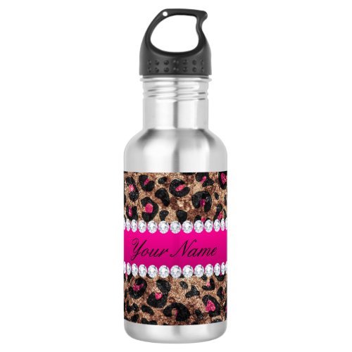 Faux Leopard Hot Pink Rose Gold Foil and Diamonds Stainless Steel Water Bottle