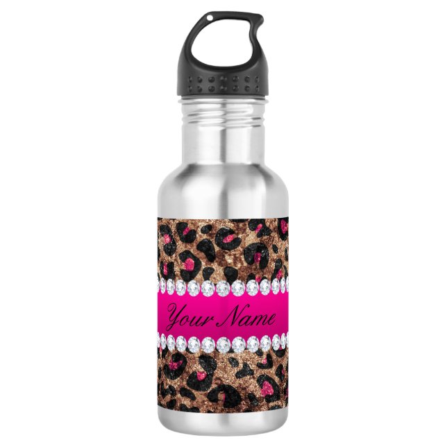 Faux Leopard Hot Pink Rose Gold Foil and Diamonds Stainless Steel Water Bottle (Front)