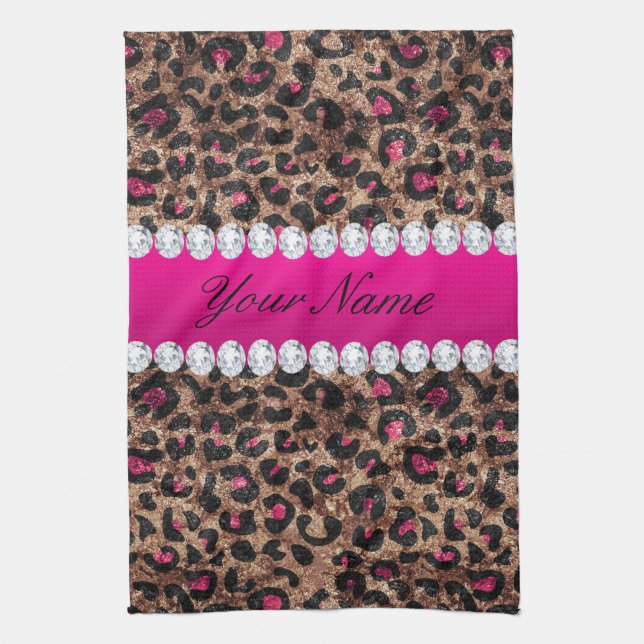 Faux Leopard Hot Pink Rose Gold Foil and Diamonds Towel (Vertical)