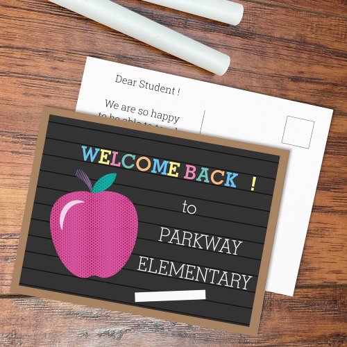 Faux letter board Welcome Back postcard with apple