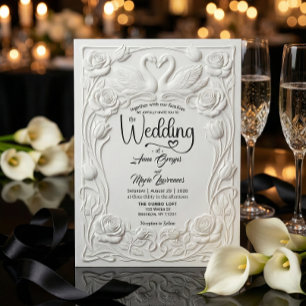 Faux Letterpress Embossed Floral Swan Wedding   Invitation