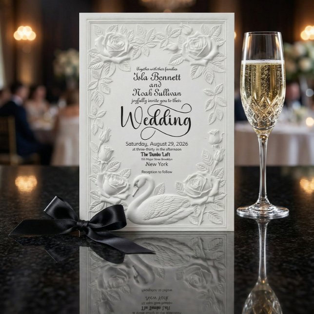 Faux Letterpress Embossed Swan Floral Wedding Invitation (Creator Uploaded)