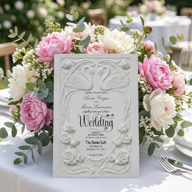 Faux Letterpress Swans Formal Black Tie Wedding Invitation (Creator Uploaded)