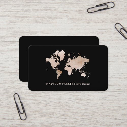 Faux Light Gold World Map on Black Business Card
