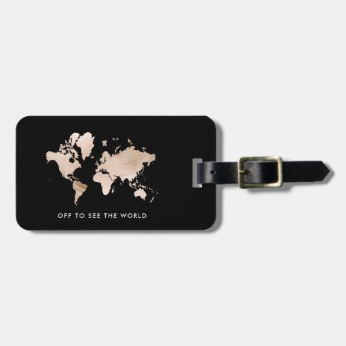 Faux Light Gold World Map on Black Luggage Tag