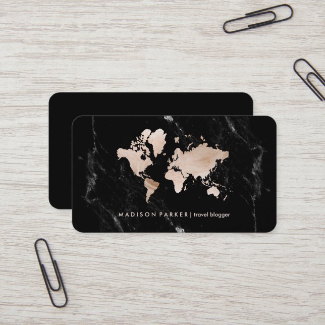 Faux Light Gold World Map on Black Marble Business Card (Front/Back In Situ)