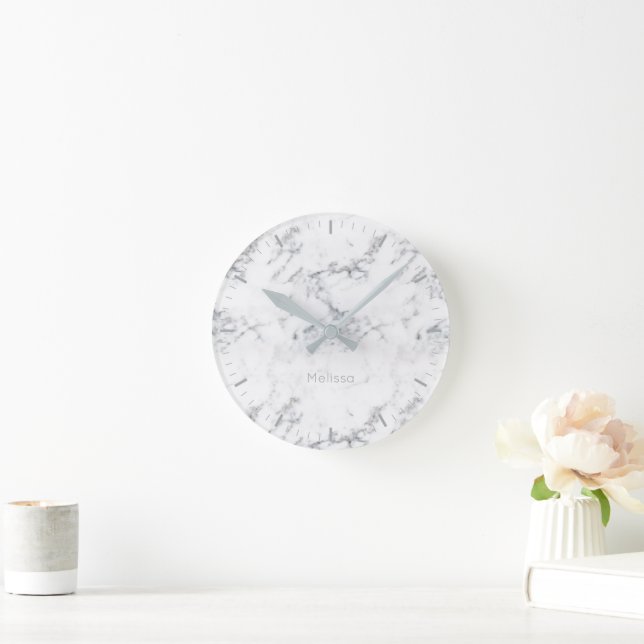 Faux Light White Marble Stone Look-like & Text Round Clock (Home)