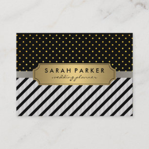 Faux Linen Black Stripes Polka Dots Business Card