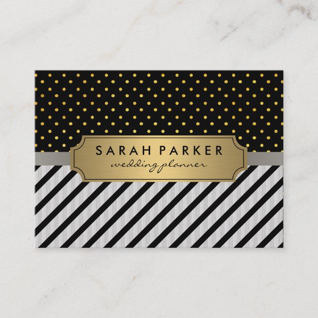 Faux Linen Black Stripes Polka Dots Business Card (Front)