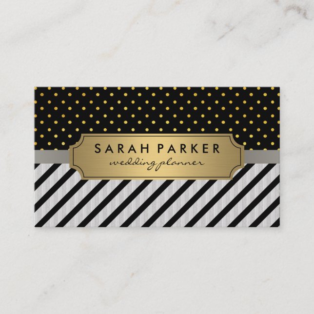Faux Linen Black Stripes Polka Dots Business Card (Front)