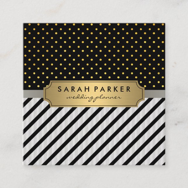 Faux Linen Black Stripes Polka Dots Square Business Card (Front)