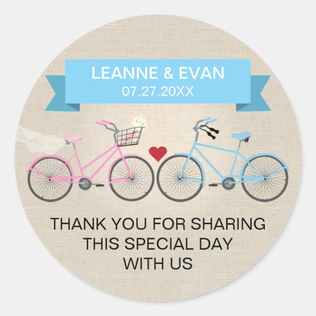 Faux Linen Blue Bicycle Wedding Classic Round Sticker (Front)