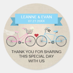 Faux Linen Blue Bicycle Wedding Classic Round Sticker
