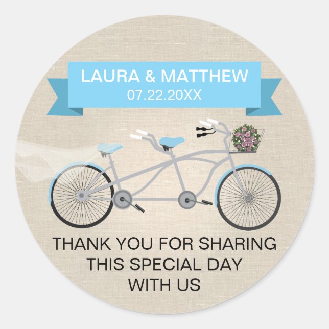Faux Linen Blue Tandem Bicycle Wedding Classic Round Sticker (Front)