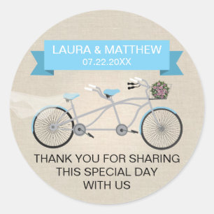 Faux Linen Blue Tandem Bicycle Wedding Classic Round Sticker