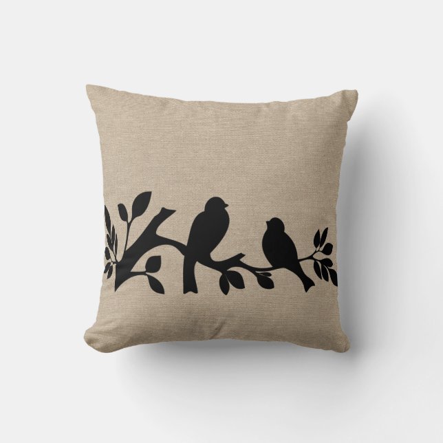 Faux linen burlap rustic chic jute love birds patt throw pillow (Front)
