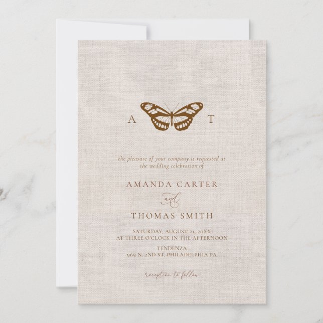 Faux Linen Butterfly Monogram Chic Wedding Invitation (Front)