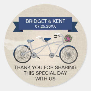 Faux Linen Dark Blue Tandem Bicycle Wedding Classic Round Sticker