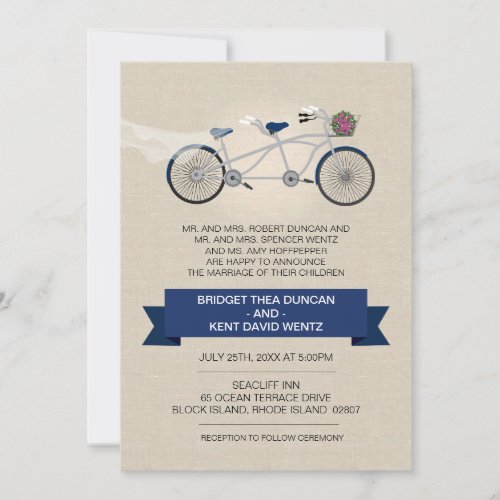 Faux Linen Dark Blue Tandem Bicycle Wedding Invitation