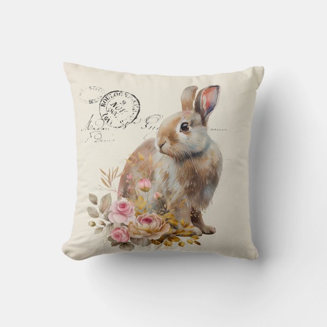 Faux linen french Bunny with roses Throw Pillow (Front)