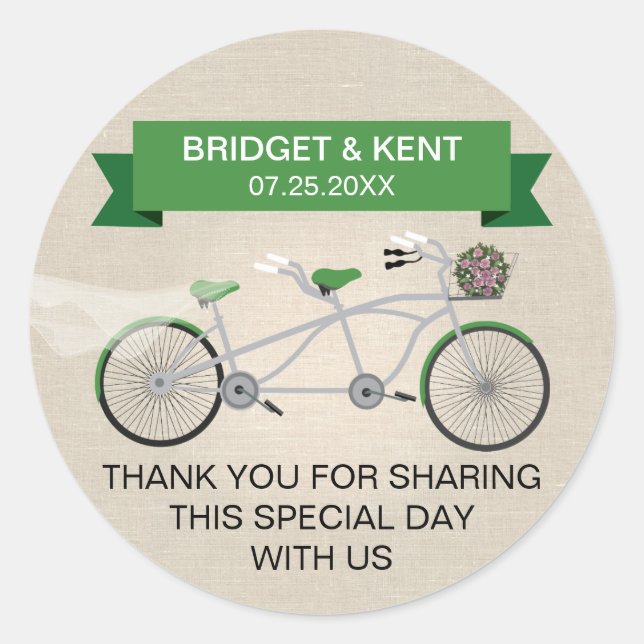 Faux Linen Green Tandem Bicycle Wedding Classic Round Sticker (Front)