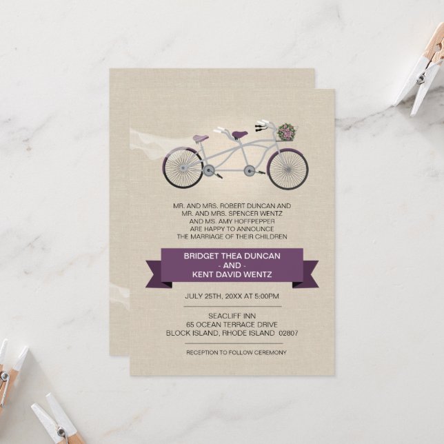 Faux Linen Plum Tandem Bicycle Wedding Invitation (Front/Back In Situ)