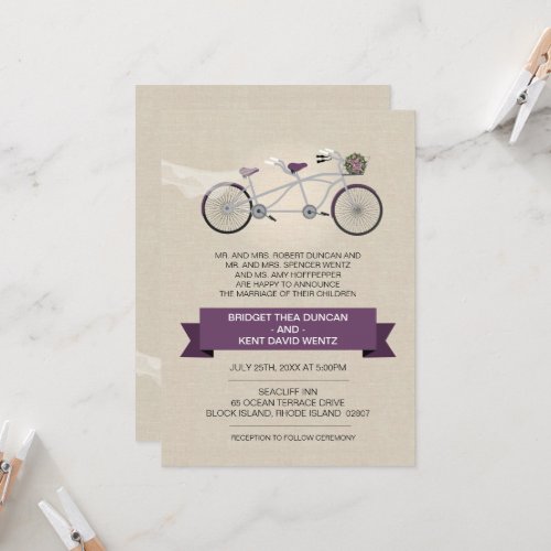 Faux Linen Plum Tandem Bicycle Wedding Invitation