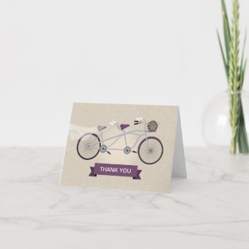 Faux Linen Plum Tandem Bicycle Wedding Thank You Card by starstreamdesign at Zazzle