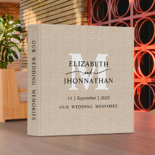 Faux Linen Texture Custom Rustic Monogram Wedding 3 Ring Binder