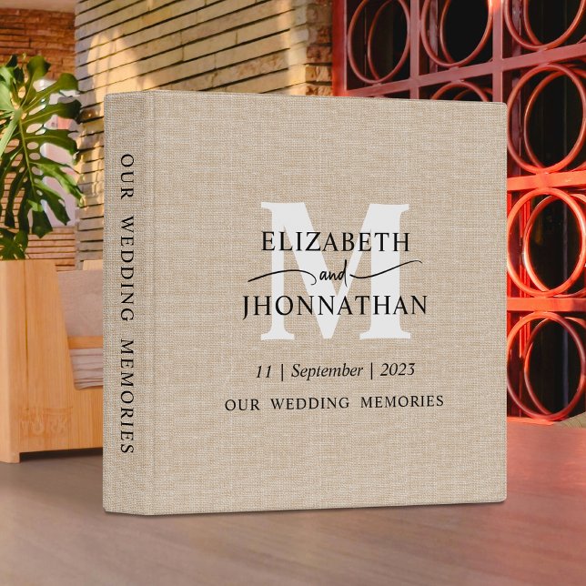 Faux Linen Texture Custom Rustic Monogram Wedding 3 Ring Binder (Creator Uploaded)