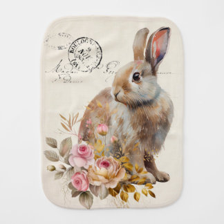 Faux linen Vintage french rabbit with roses  Baby Burp Cloth