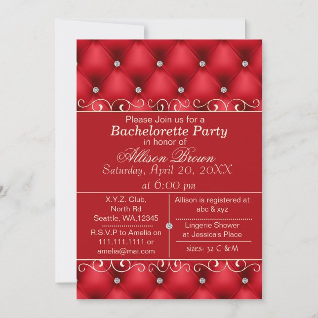 FAUX luxury leather, red bachelorette party invite (Front)
