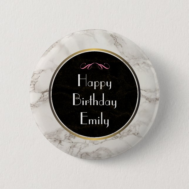 Faux Marble Alabaster Taupe Tan Happy Birthday Pinback Button (Front)