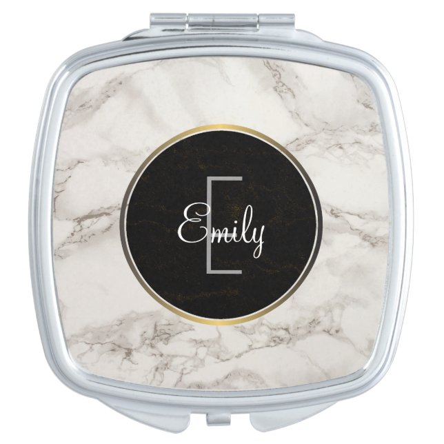 Faux Marble Alabaster Taupe Tan Monongram Compact Mirror (Front)