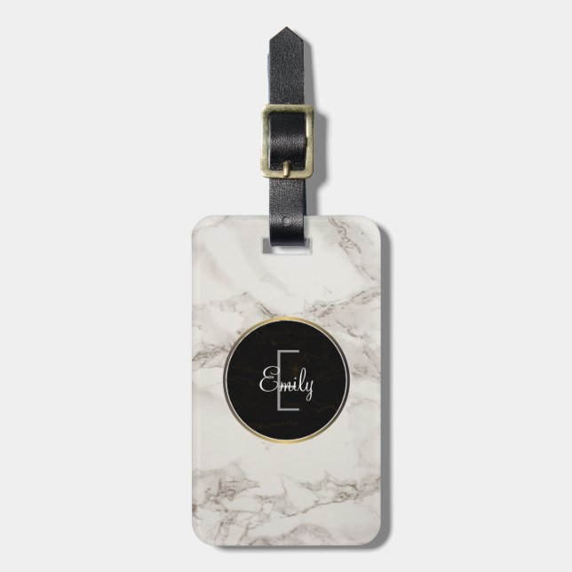 Faux Marble Alabaster Taupe Tan Monongram Luggage Tag (Front Vertical)