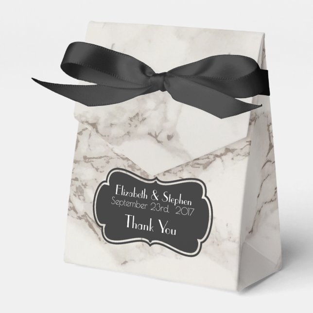 Faux Marble Alabaster Taupe Tan Wedding Thanks Favor Boxes (Front Side)